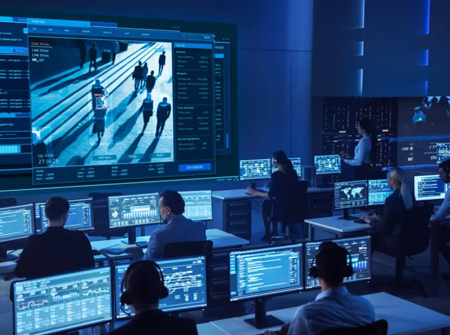 Team of Professional Cyber Security Data Science Engineers Work on Surveillance Tracking Shot of People Walking on City Streets