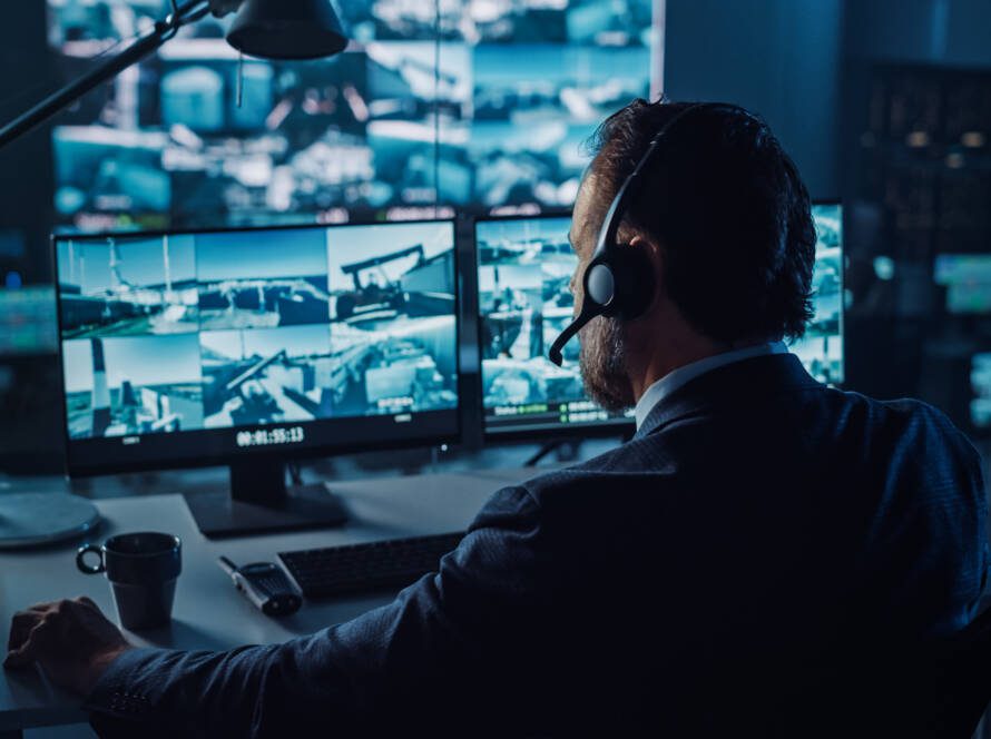 Male Officer Works on a Computer with Surveillance CCTV Video in a Harbour Monitoring Center with Multiple Cameras on a Big Digital Screen