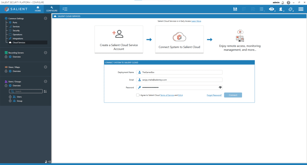 screenshot of CompleteView dashboard with a link to Cloud services