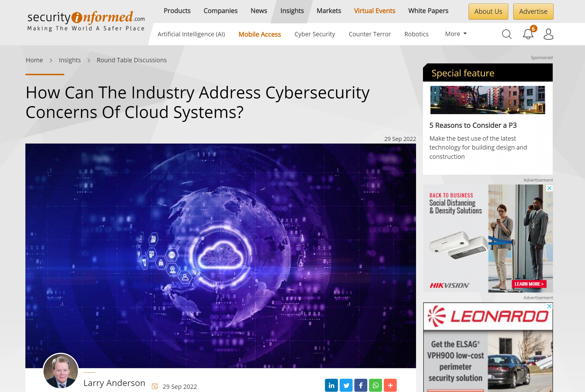 screenshot of news article - How Can The Industry Address Cybersecurity Concerns Of Cloud Systems