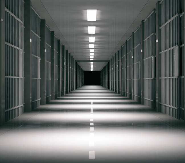 Prison interior. Jail cells and shadows, dark background