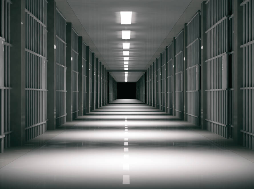 Prison interior. Jail cells and shadows, dark background