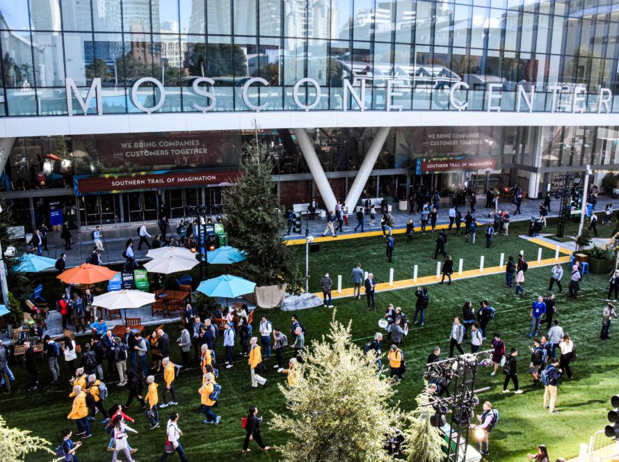 Salesforce Dreamforce conference at the Moscone Center, building connections exchanging ideas on customer relationships management and hearing expert speakers.
