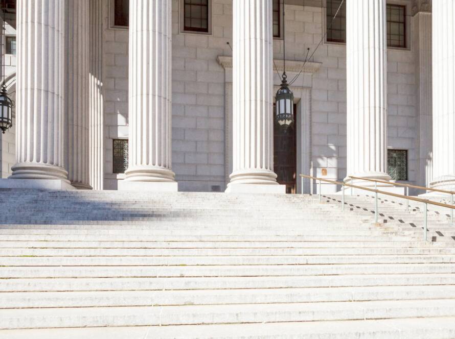 The exterior of a municipal or government building or courthouse.