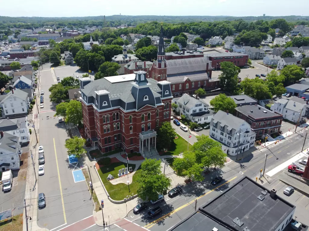Peabody City Hall aerial view at 24 Lowell Street in downtown Peabody, Massachusetts MA, USA.