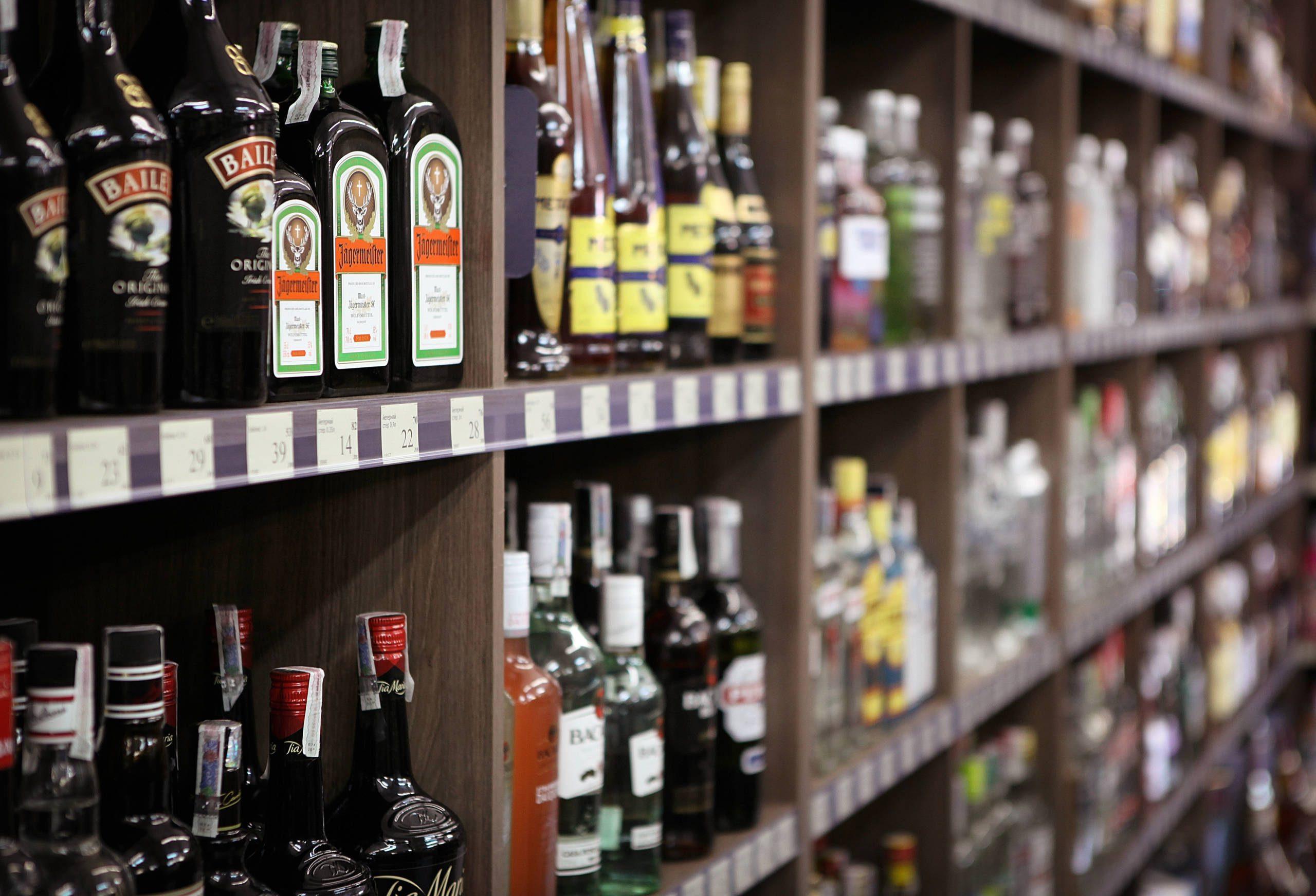 Wine bottles in wine shop.