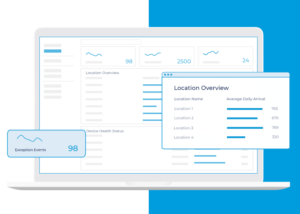 graphic of computer screen with pop out of analytic dashboard