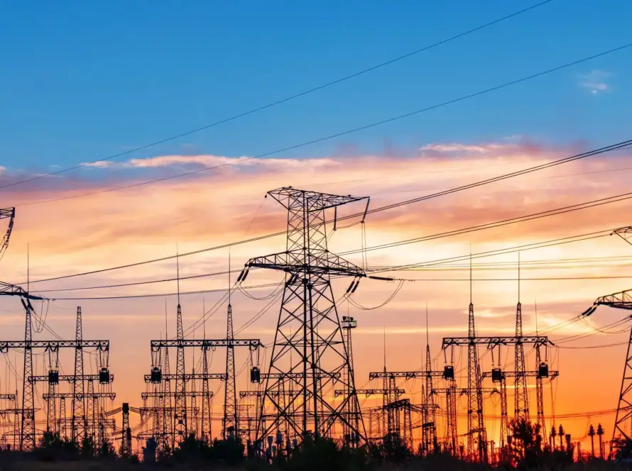 Electrical substation silhouette on the dramatic sunset background