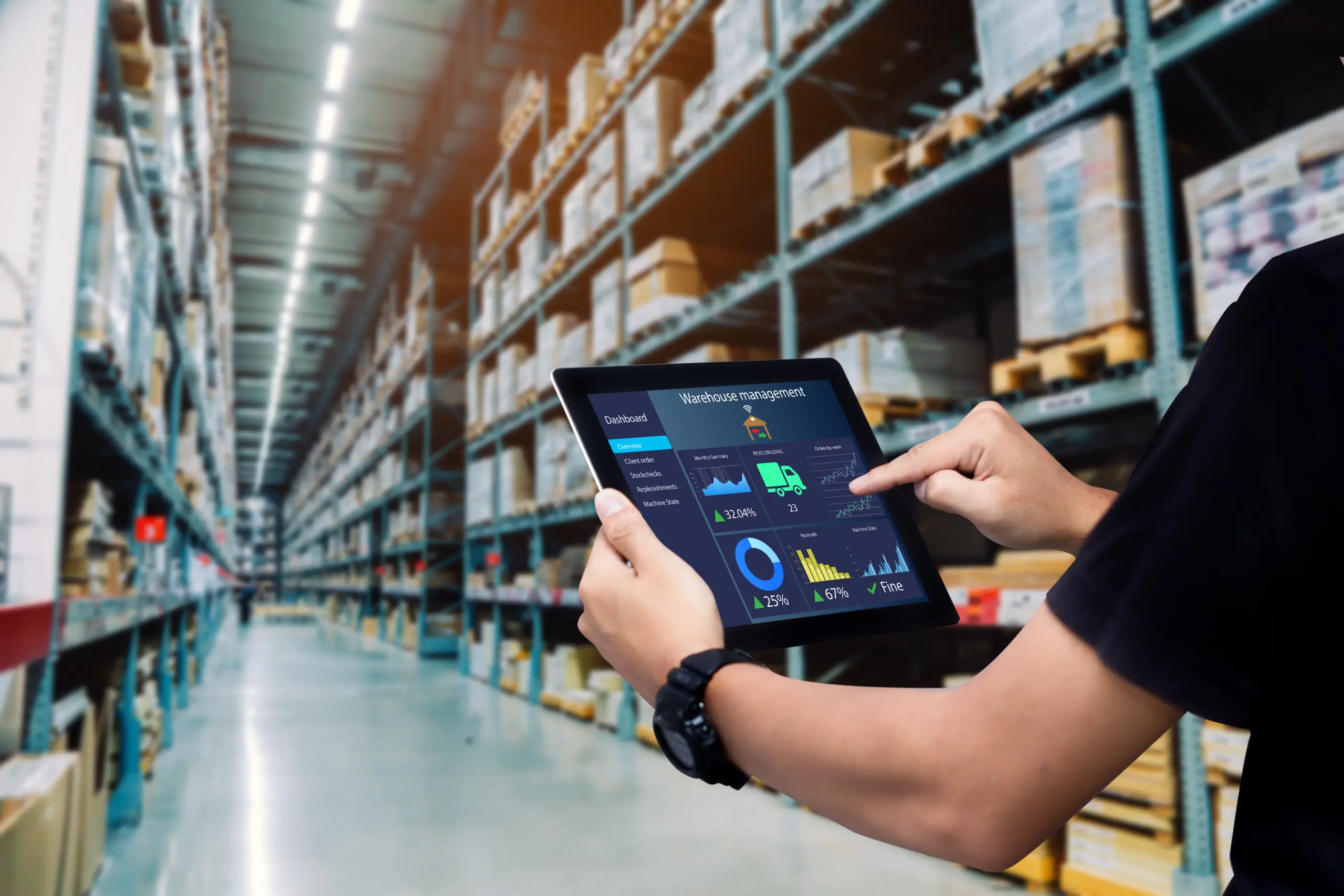 Smart warehouse management system.Worker hands holding tablet on blurred warehouse