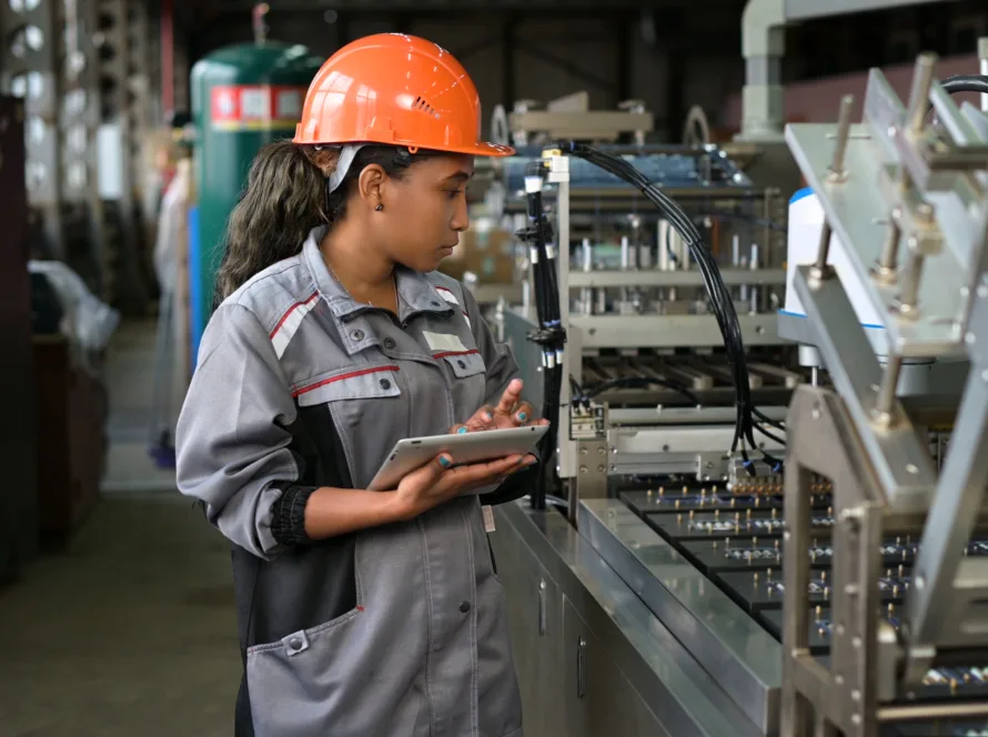 A young black manufacturing worker controls an assembly line in a factory, making notes on a tablet.