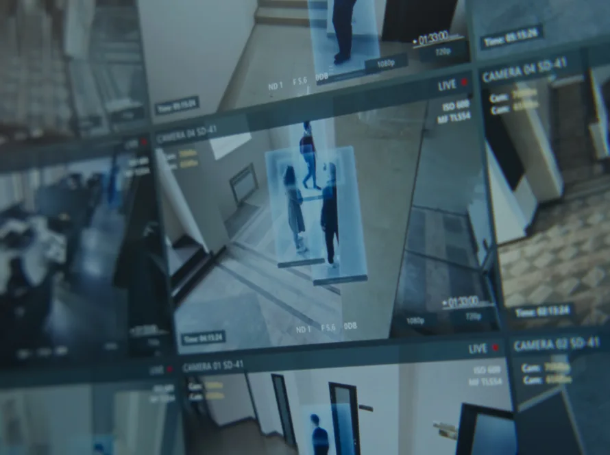 Close up shot of computer or digital tablet screen showing footage of surveillance cameras in coworking office with modern scanning system.