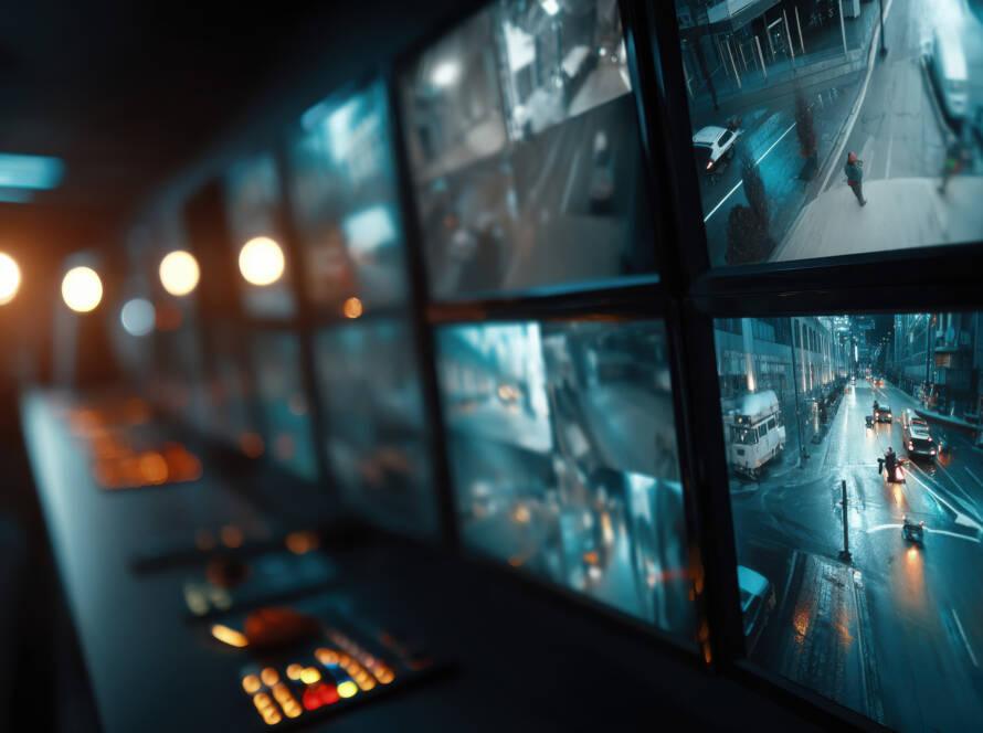 A surveillance control room with multiple monitors displaying ci