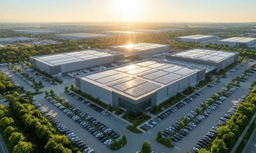 Modern data center campus featuring solar panels on building roo