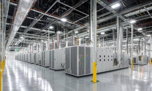 A large, empty warehouse with rows of servers and data centers.